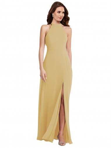 Long Sleeveless Soft Chiffon Gold A-Line Semi Formal Evening Dress / Bridesmaid Dress Newcastle