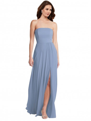 Long Sleeveless Soft Chiffon Dusty Blue Strapless A-Line Semi Formal Evening Dress / Bridesmaid Dress Newcastle