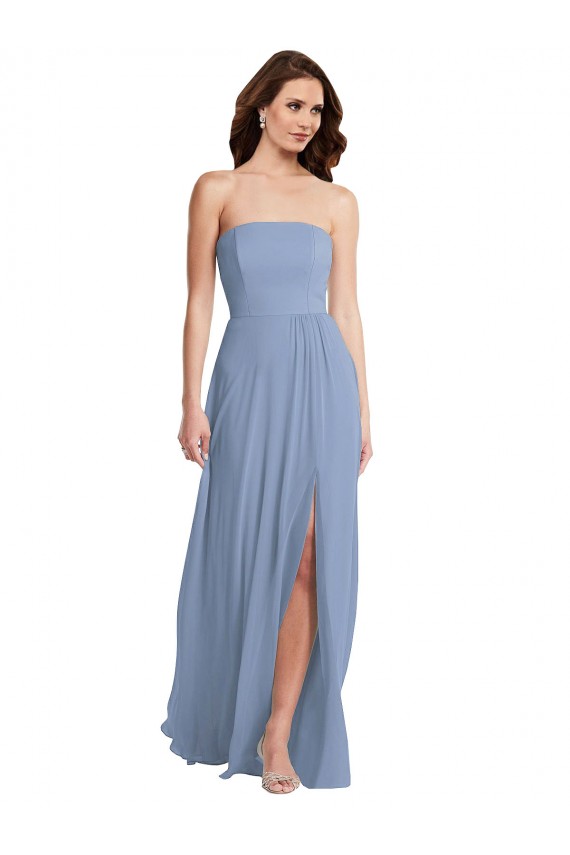 Long Sleeveless Soft Chiffon Dusty Blue Strapless A-Line Semi Formal Evening Dress / Bridesmaid Dress Newcastle