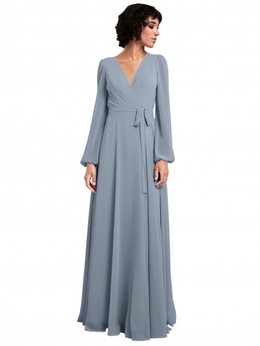 Long Long Sleeves Soft Chiffon Dusty Blue A-Line Bridesmaid Dress / Formal Dress Newcastle