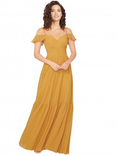 Long Cold Shoulder Soft Chiffon Saffron A-Line Bridesmaid Dress Newcastle