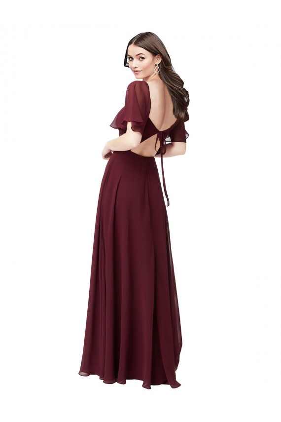 Long Short Flutter Sleeves Soft Chiffon Burgundy Gold A-Line Formal Dress / Bridesmaid Dress Newcastle