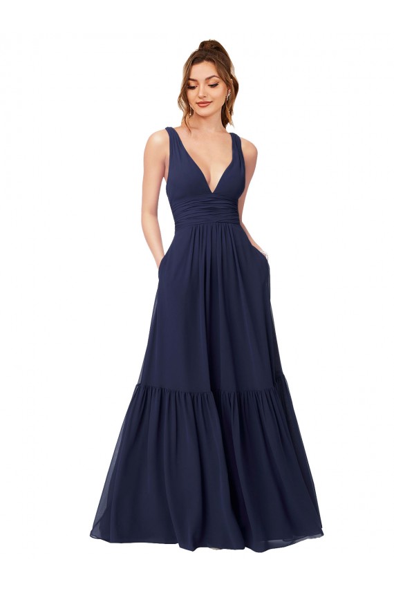 Long Full Length Sleeveless Chiffon Dark Navy A-Line Evening Gowns / Bridesmaid Dress Newcastle