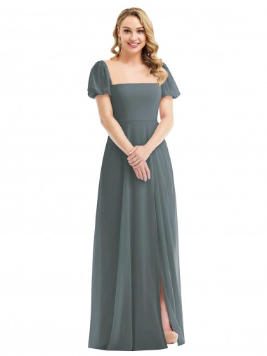 Long Puff Sleeves Soft Chiffon Slate Grey A-Line Semi Formal Evening Dress / Bridesmaid Dress Newcastle