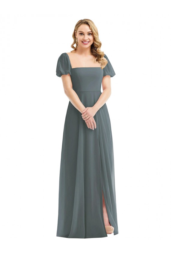 Long Puff Sleeves Soft Chiffon Slate Grey A-Line Semi Formal Evening Dress / Bridesmaid Dress Newcastle