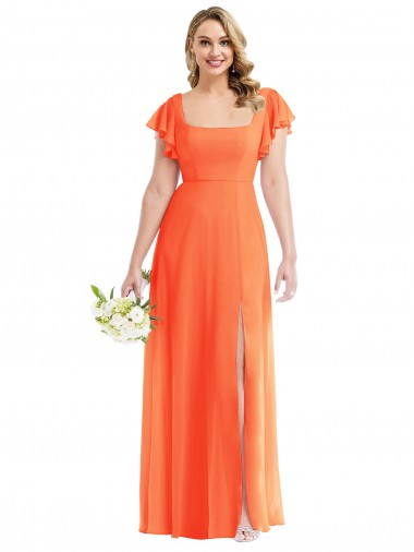 Long Flutter Sleeves Soft Chiffon Tangerine Tango A-Line Semi Formal Evening Dress / Bridesmaid Dress Newcastle