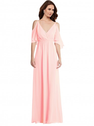 Long Cold Shoulder Soft Chiffon Pink A-Line Semi Formal Evening Dress / Bridesmaid Dress Newcastle