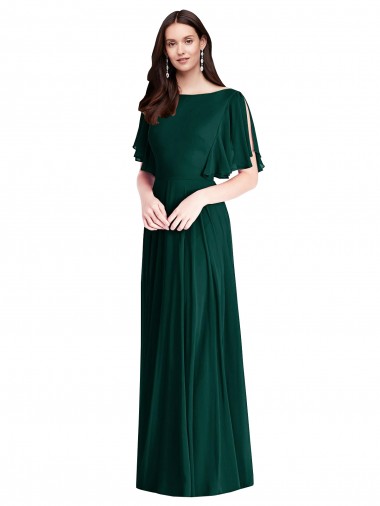 Long Bell Sleeves Soft Chiffon Ever Green A-Line Semi Formal Evening Dress / Bridesmaid Dress Newcastle