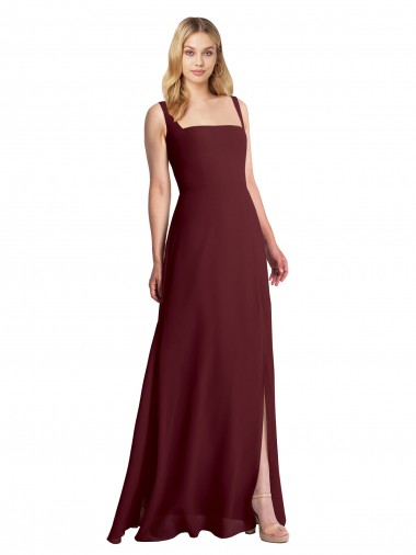 Long Sleeveless Soft Chiffon Burgundy Gold Square Neck A-Line Bridesmaid Dress Newcastle