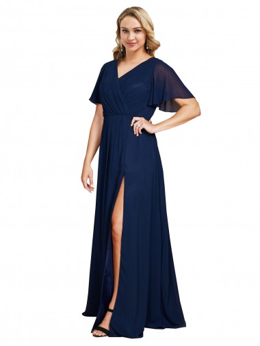 Long Short Flutter Sleeves Soft Chiffon Dark Navy A-Line Formal Plus Size Evening Gown / Prom Dress / Bridesmaid Dress Newcastle