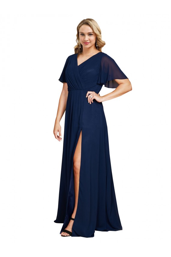Long Short Flutter Sleeves Soft Chiffon Dark Navy A-Line Formal Plus Size Evening Gown / Prom Dress / Bridesmaid Dress Newcastle