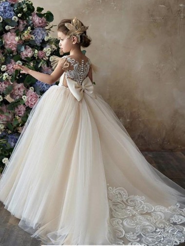 Chapel Train Sleeveless Tulle & Lace Champagne Ball Gown Flower Girl Dresses Newcastle
