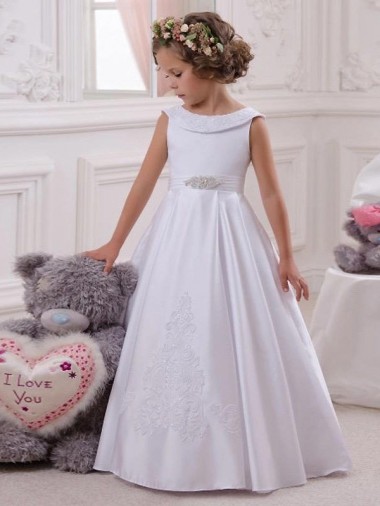 Long Sleeveless Satin & Lace Ivory Ball Gown Flower Girl Dresses Newcastle