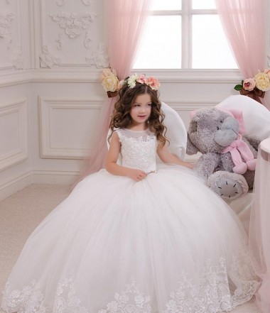 Chapel Train Sleeveless Tulle & Lace Ivory Ball Gown Flower Girl Wedding Dress Newcastle