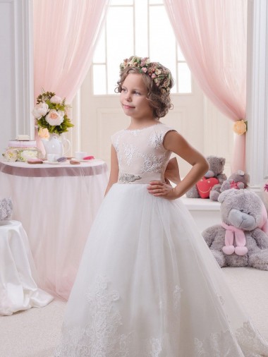 Chapel Train Sleeveless Tulle & Lace Ivory Ball Gown Flower Girl Dresses Newcastle