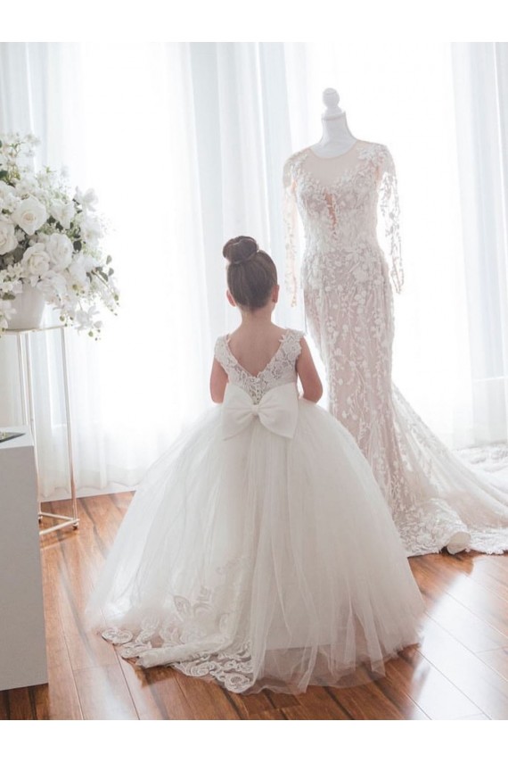 Chapel Train Sleeveless Tulle & Lace Ivory Bateau Neckline Ball Gown Flower Girl Dress Newcastle