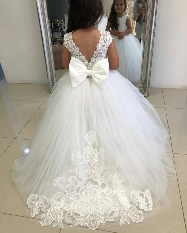 Chapel Train Sleeveless Tulle & Lace Ivory Bateau Neckline Ball Gown Flower Girl Dress Newcastle