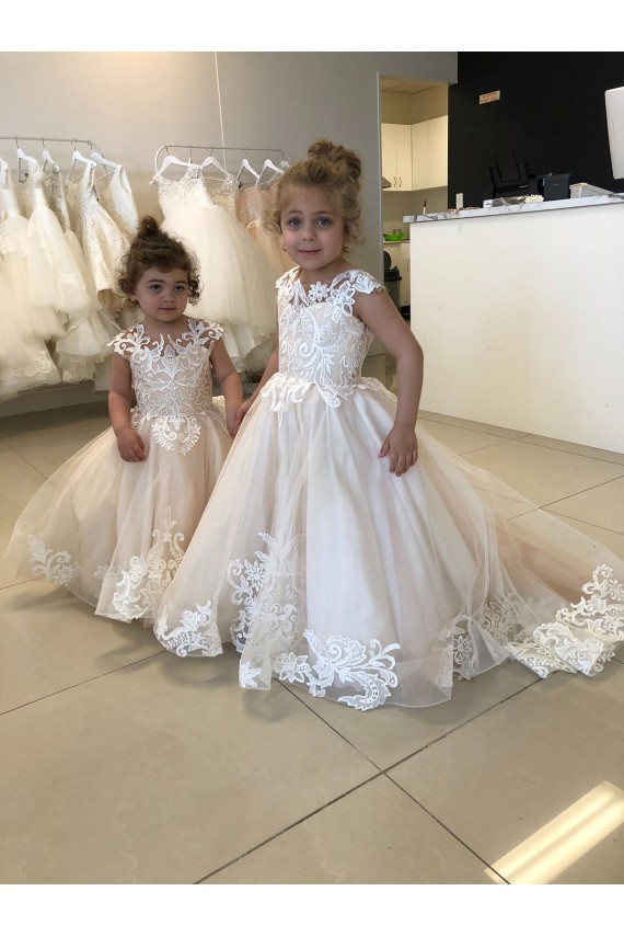 Chapel Train Sleeveless Tulle & Lace Ivory Ball Gown Little Flower Girl Dress Newcastle