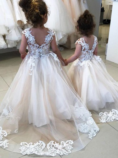Chapel Train Sleeveless Tulle & Lace Ivory Ball Gown Little Flower Girl Dress Newcastle