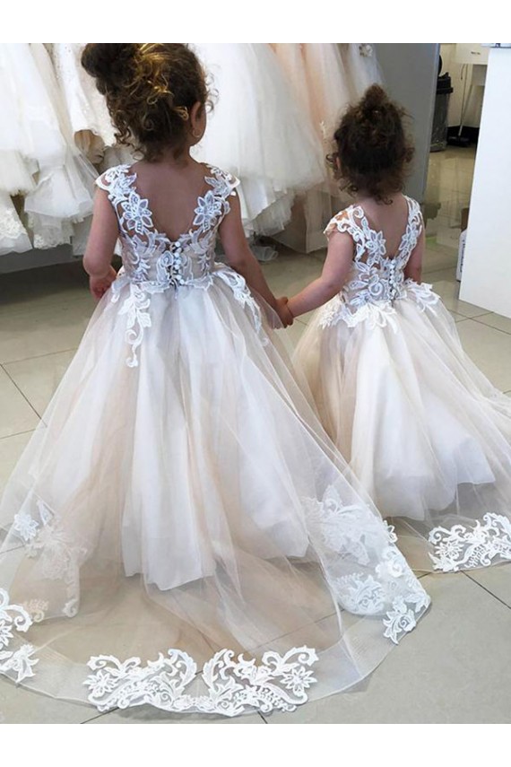 Chapel Train Sleeveless Tulle & Lace Ivory Ball Gown Little Flower Girl Dress Newcastle