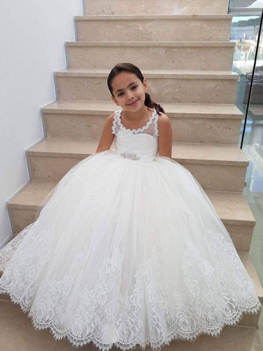 Long Sleeveless Tulle & Lace Ivory High Neck Ball Gown Flower Girl Dress for Wedding Newcastle