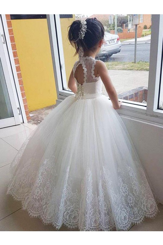 Long Sleeveless Tulle & Lace Ivory High Neck Ball Gown Flower Girl Dress for Wedding Newcastle