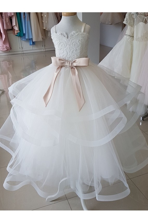 Long Sleeveless Tulle & Lace Ivory Ball Gown Flower Girl Wedding Dress Newcastle