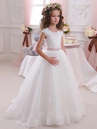 Long Cap Sleeves Tulle & Lace Ivory Ball Gowns Flower Girl Dress Newcastle