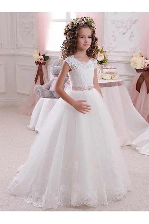 Long Cap Sleeves Tulle & Lace Ivory Ball Gowns Flower Girl Dress Newcastle