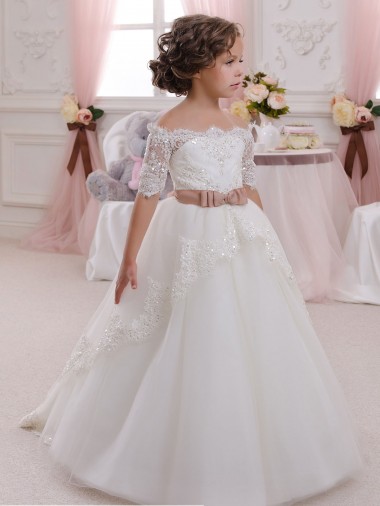 Short Sleeves Long Tulle & Lace Ivory Ball Gown Flower Girl Dresses Newcastle
