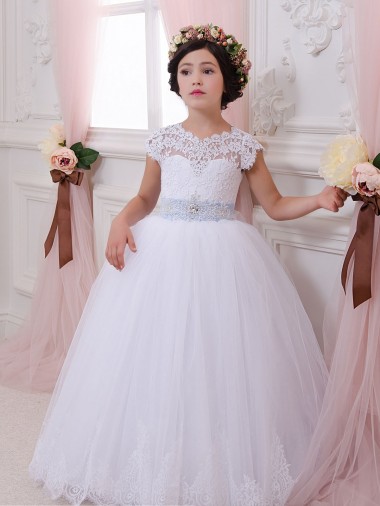 Chapel Train Cap Sleeves Tulle & Lace Ivory Ball Gown Flower Girl Dresses Newcastle