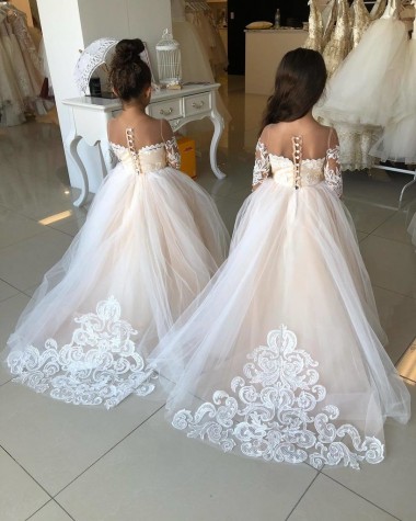 Chapel Train Long Sleeves Tulle & Lace Ivory Ball Gown Little Flower Girl Dress Newcastle