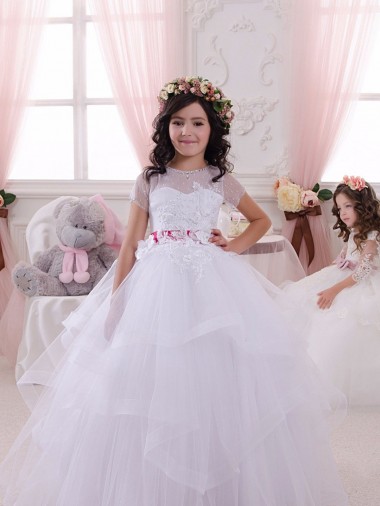 Short Sleeves Long Tulle & Lace Ivory Sweetheart Ball Gown Little Flower Girl Dress Newcastle