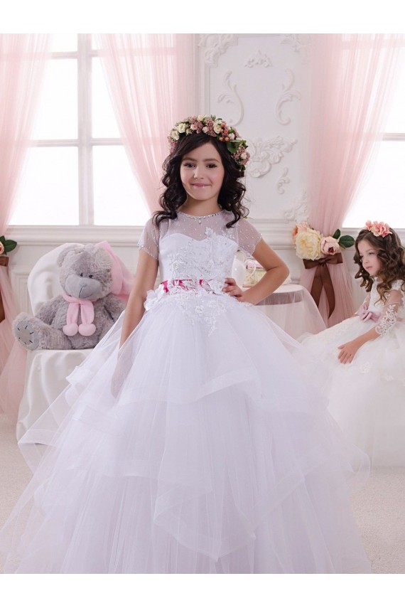 Short Sleeves Long Tulle & Lace Ivory Sweetheart Ball Gown Little Flower Girl Dress Newcastle