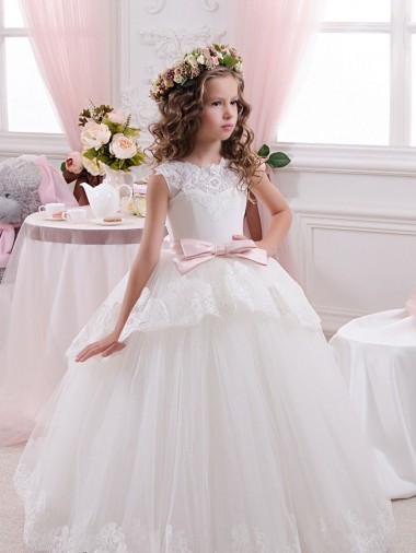 Chapel Train Sleeveless Tulle & Lace Ivory Ball Gown Flower Girl Dress for Wedding Newcastle