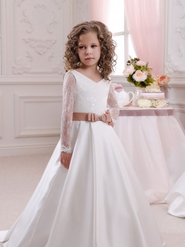 Chapel Train Long Sleeves Satin & Lace Ivory Ball Gown Flower Girl Dress Newcastle