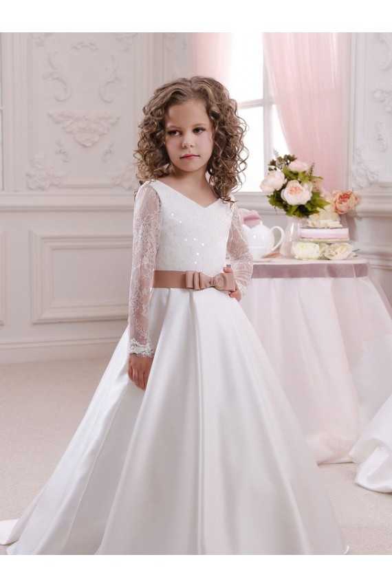 Chapel Train Long Sleeves Satin & Lace Ivory Ball Gown Flower Girl Dress Newcastle