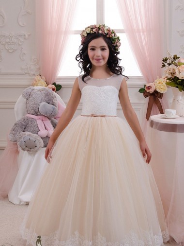 Long Sleeveless Tulle & Lace Ivory & Champagne Ball Gown Flower Girl Dresses for Wedding Newcastle