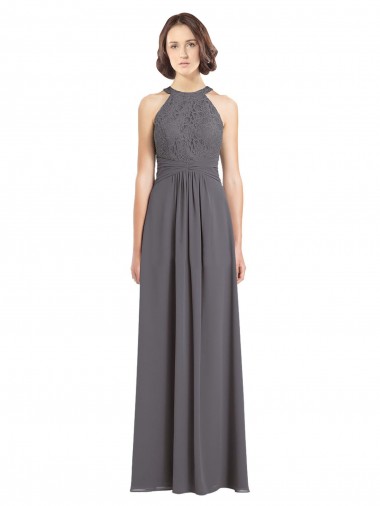 Long Sleeveless Soft Chiffon & Lace Stormy Silver A-Line Bridesmaid Dress Newcastle