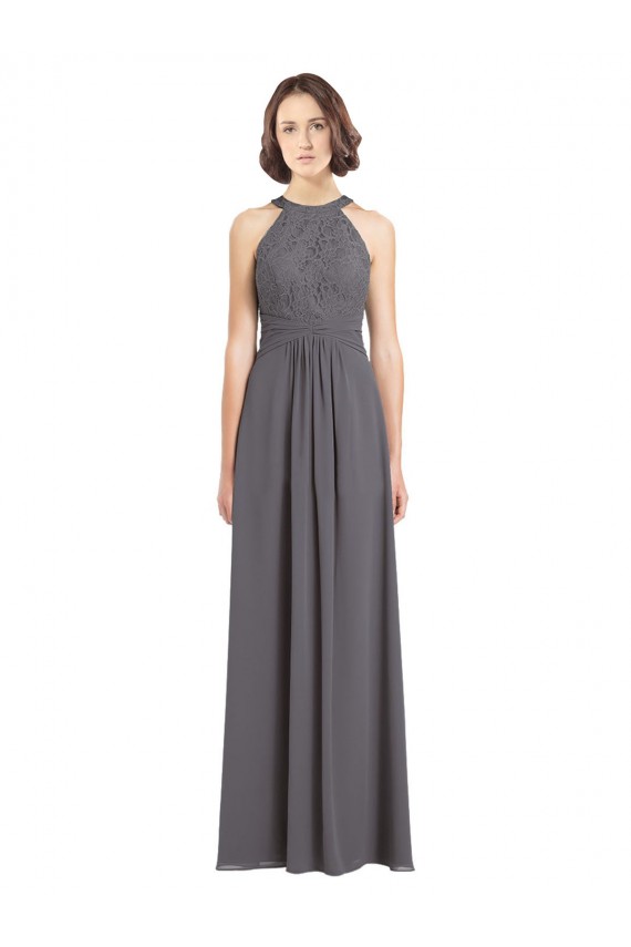 Long Sleeveless Soft Chiffon & Lace Stormy Silver A-Line Bridesmaid Dress Newcastle