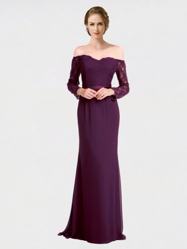 Long Long Sleeves Soft Chiffon & Lace Grape Mermaid Bridesmaid Dress Newcastle