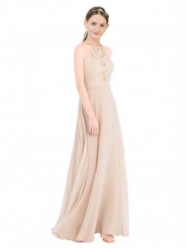 Long Sleeveless Soft Chiffon & Lace Champagne A-Line Prom Dress / Bridesmaid Dress Newcastle