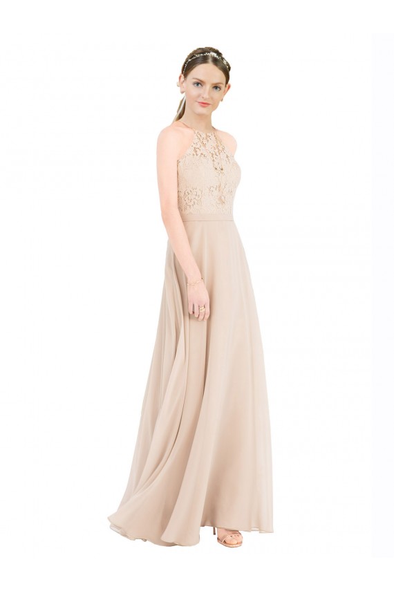 Long Sleeveless Soft Chiffon & Lace Champagne A-Line Prom Dress / Bridesmaid Dress Newcastle
