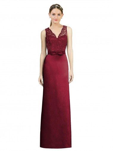 Long Sleeveless Satin & Lace Burgundy A-Line Bridesmaid Dress Newcastle