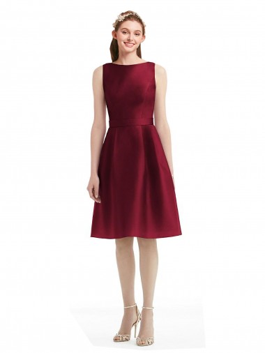 Knee Length Sleeveless Satin Burgundy A-Line Bridesmaid Gown Newcastle