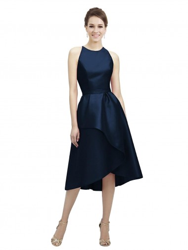 Tea Length Sleeveless Satin Dark Navy A-Line High Low Bridesmaid Dress Newcastle