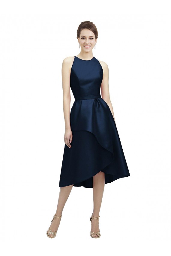 Tea Length Sleeveless Satin Dark Navy A-Line High Low Bridesmaid Dress Newcastle