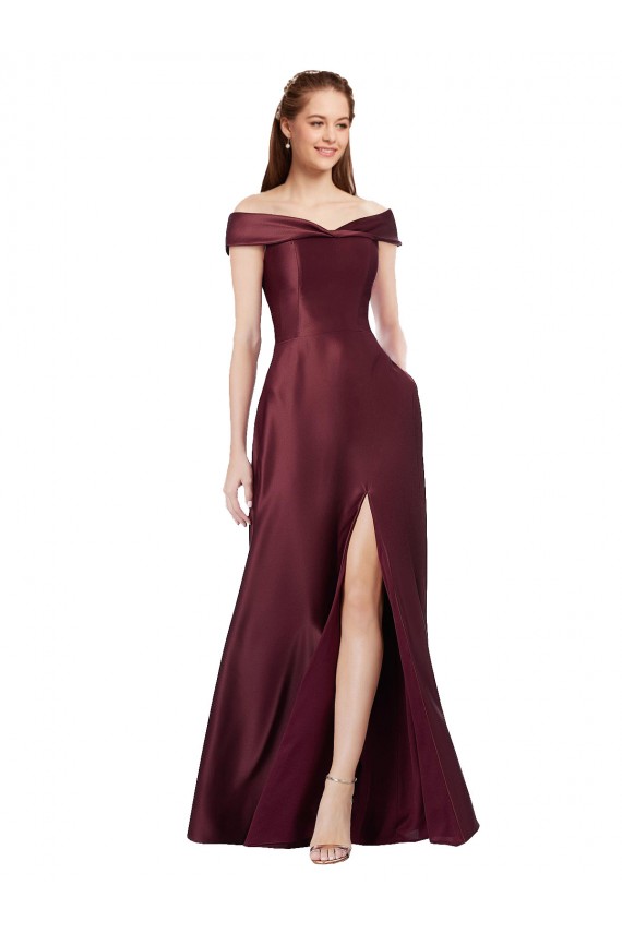 Long Cap Sleeves Satin Burgundy Gold A-Line Black Tie Evening Gown / Prom Dress / Bridesmaid Dress Newcastle