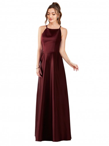 Long Sleeveless Satin Burgundy Gold A-Line Prom Dress / Bridesmaid Dress Newcastle