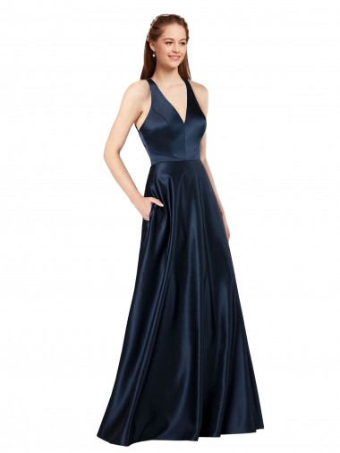 Long Sleeveless Satin Dark Navy A-Line Formal Evening Gown / Prom Dress / Bridesmaid Dress Newcastle